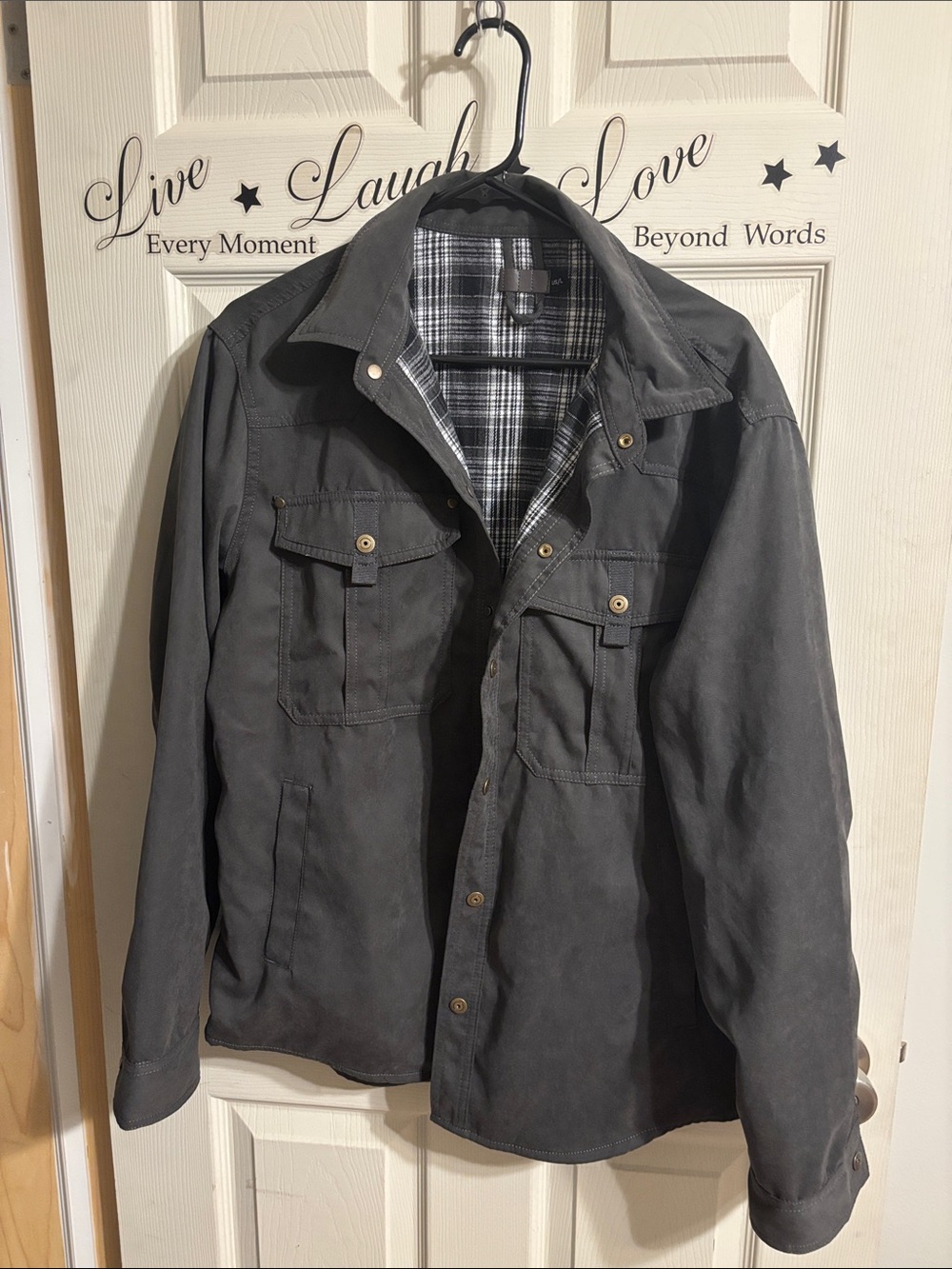 Men's Dark Gray Military-Style Field Jacket with Plaid Lining